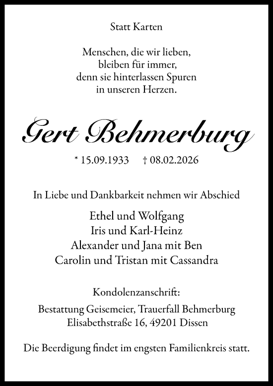 Traueranzeige von Gert Behmerburg von Neue Osnabrücker Zeitung GmbH & Co. KG