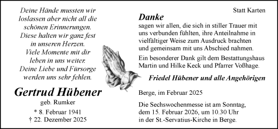 Traueranzeige von Gertrud Hübener von Neue Osnabrücker Zeitung GmbH & Co. KG