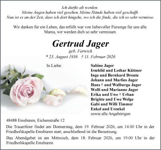 Traueranzeige von Gertrud Jager von Neue Osnabrücker Zeitung GmbH & Co. KG