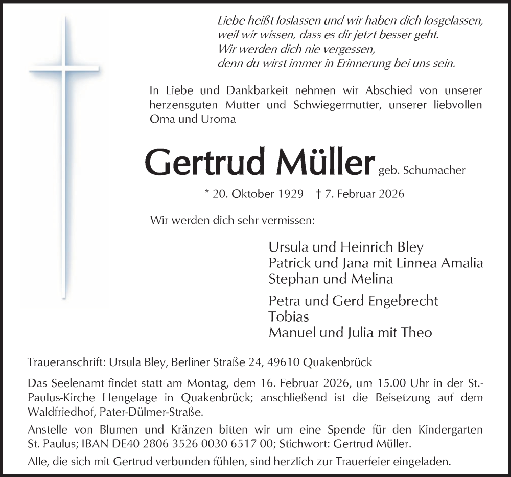  Traueranzeige für Gertrud Müller vom 10.02.2026 aus Neue Osnabrücker Zeitung GmbH & Co. KG