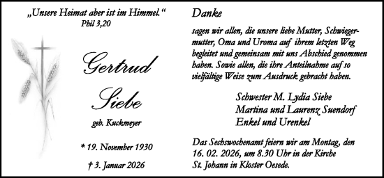 Traueranzeige von Gertrud Siebe von Neue Osnabrücker Zeitung GmbH & Co. KG