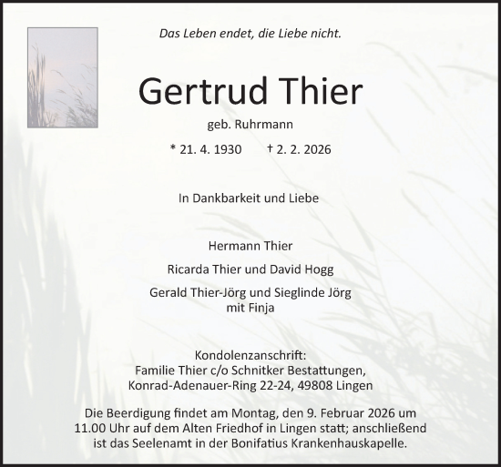 Traueranzeige von Gertrud Thier von Neue Osnabrücker Zeitung GmbH & Co. KG