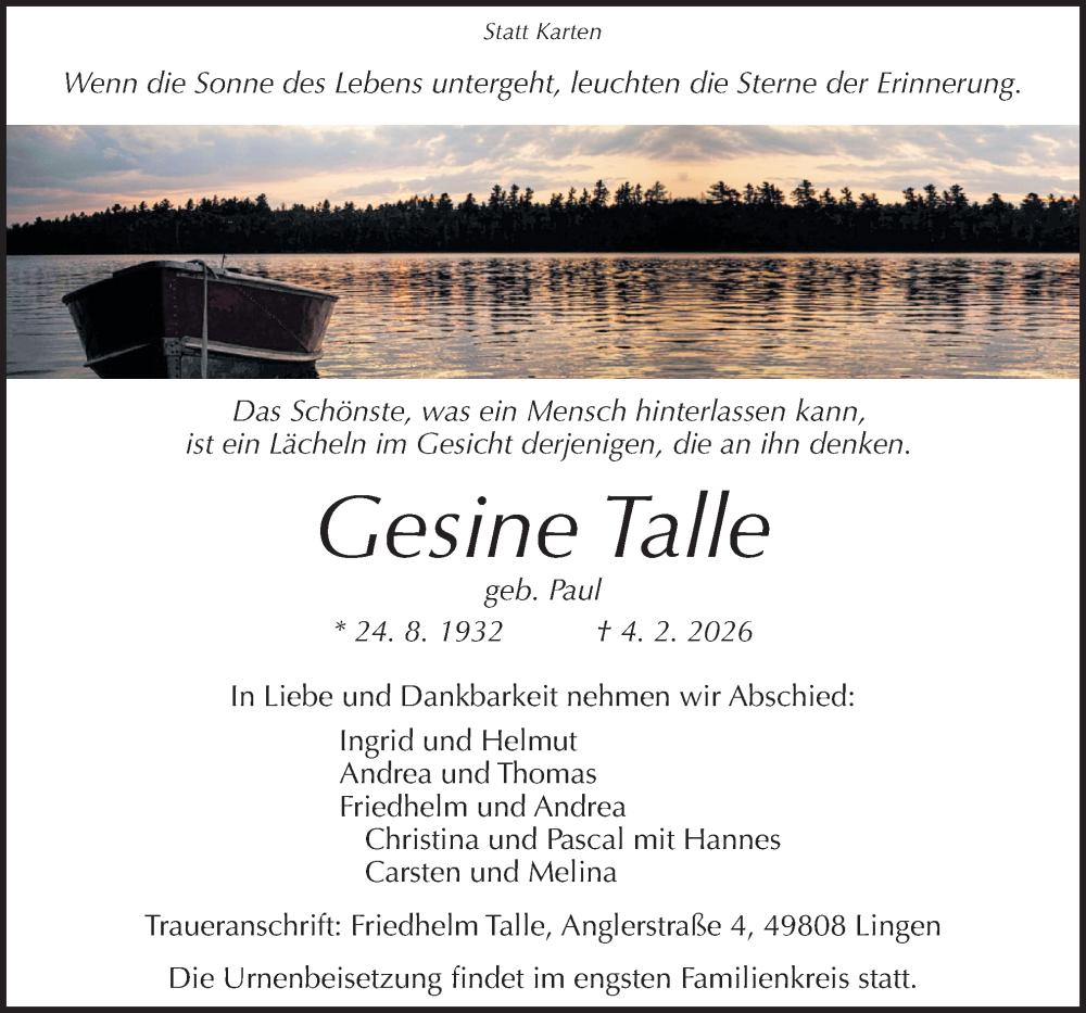  Traueranzeige für Gesine Talle vom 07.02.2026 aus Neue Osnabrücker Zeitung GmbH & Co. KG