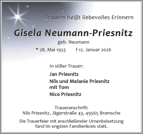 Traueranzeige von Gisela Neumann-Priesnitz von Neue Osnabrücker Zeitung GmbH & Co. KG