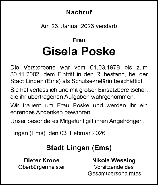 Traueranzeige von Gisela Poske von Neue Osnabrücker Zeitung GmbH & Co. KG