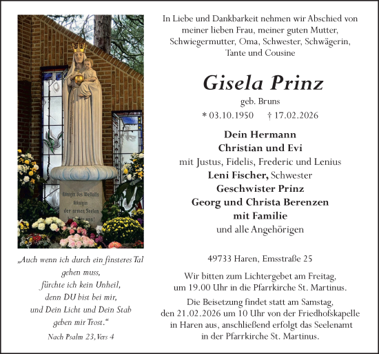Traueranzeige von Gisela Prinz von Neue Osnabrücker Zeitung GmbH & Co. KG