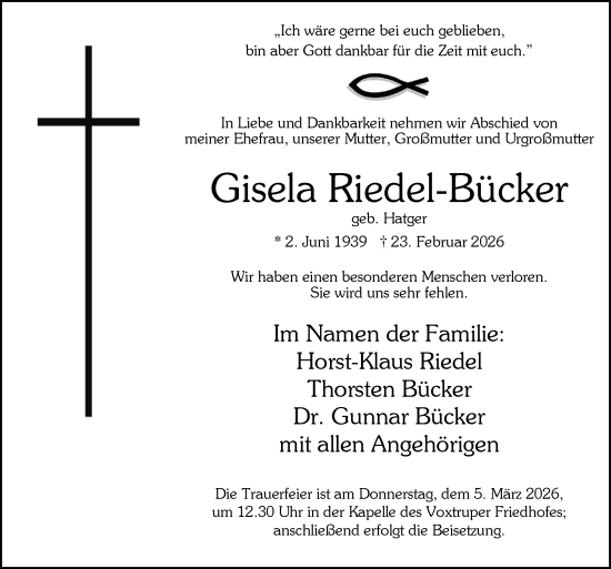 Traueranzeige von Gisela Riedel-Bücker von Neue Osnabrücker Zeitung GmbH & Co. KG