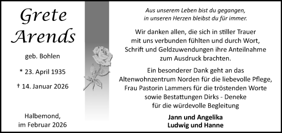 Traueranzeige von Grete Arends von Ostfriesischer Kurier GmbH