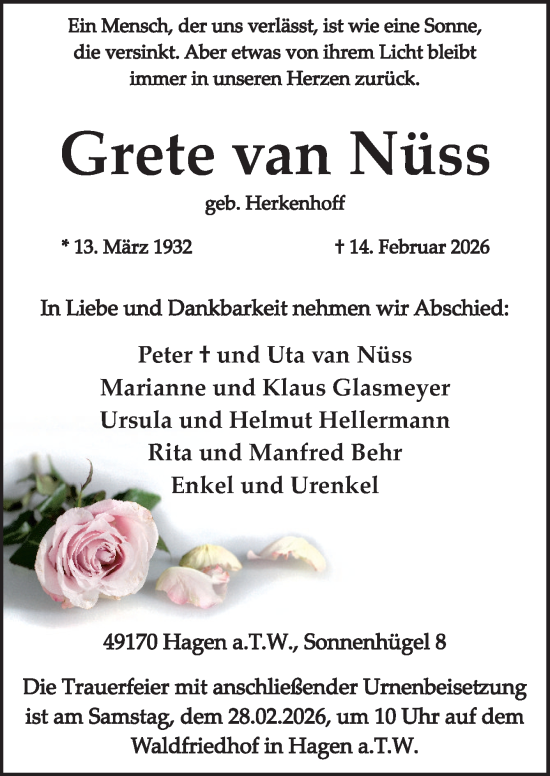 Traueranzeige von Grete van Nüss von Neue Osnabrücker Zeitung GmbH & Co. KG