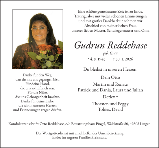 Traueranzeige von Gudrun Reddehase von Neue Osnabrücker Zeitung GmbH & Co. KG