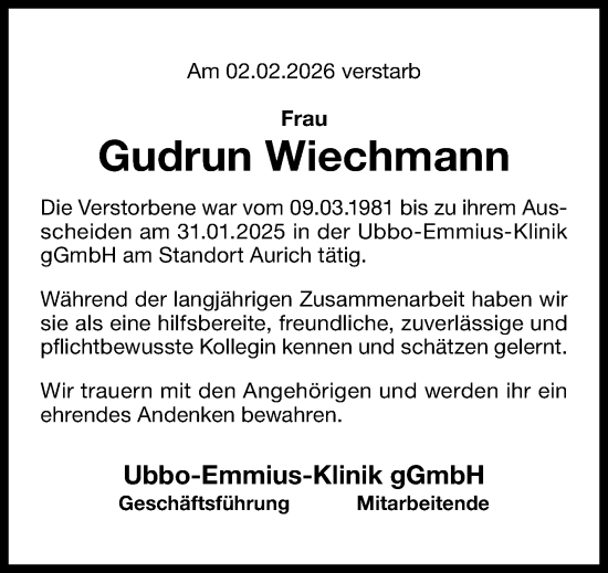 Traueranzeige von Gudrun Wiechmann von Ostfriesischer Kurier / Norderneyer Badezeitung