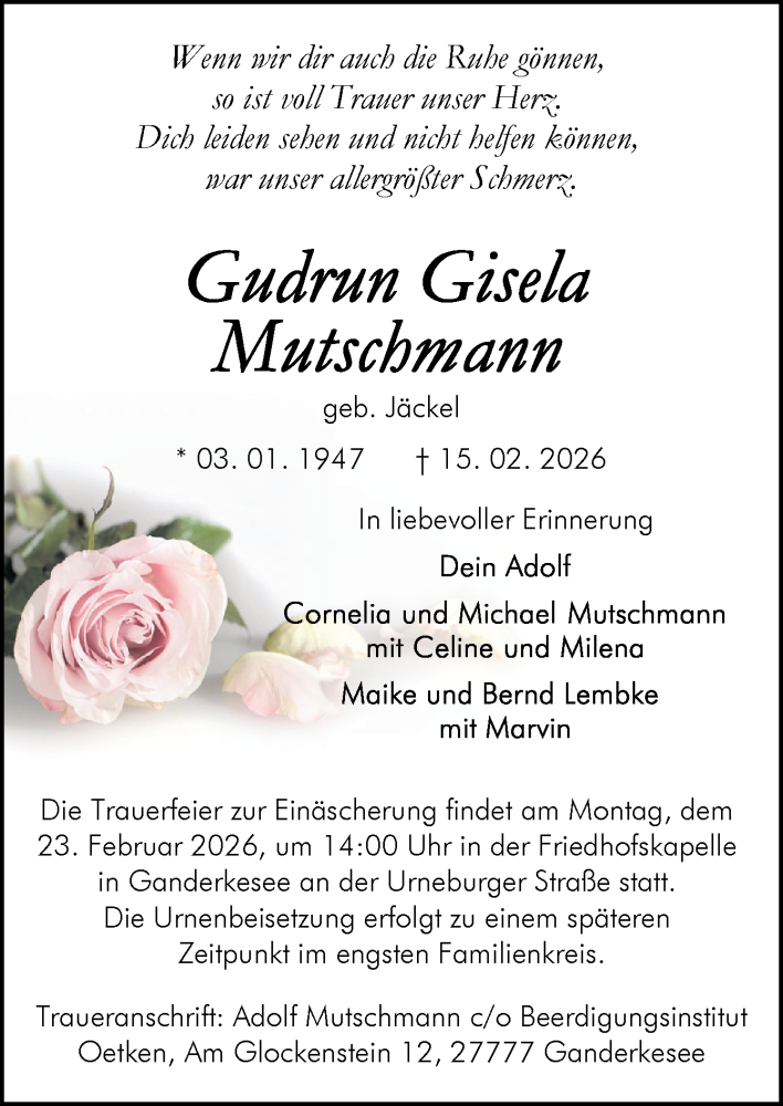  Traueranzeige für Gudrun Gisela Mutschmann vom 19.02.2026 aus DK Medien GmbH & Co. KG