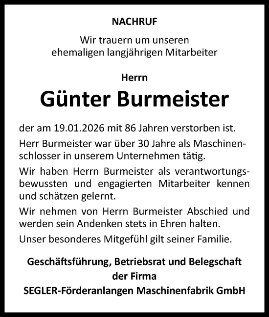 Traueranzeige von Günter Burmeister von Neue Osnabrücker Zeitung GmbH & Co. KG