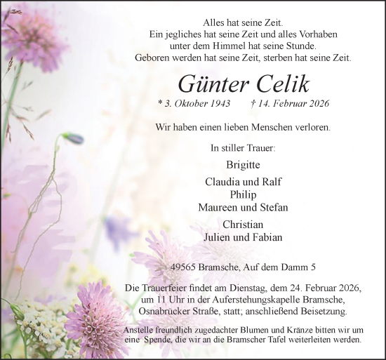 Traueranzeige von Günter Celik von Neue Osnabrücker Zeitung GmbH & Co. KG