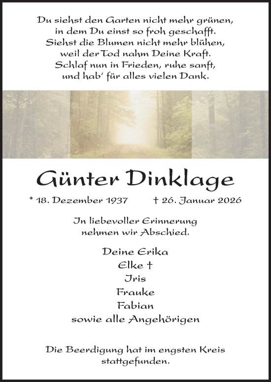 Traueranzeige von Günter Dinklage von Neue Osnabrücker Zeitung GmbH & Co. KG