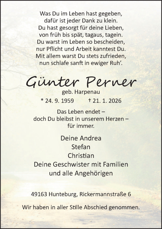 Traueranzeige von Günter Perner von Neue Osnabrücker Zeitung GmbH & Co. KG