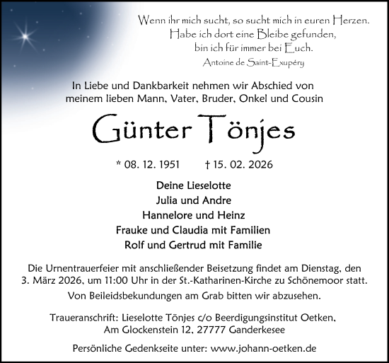Traueranzeige von Günter Tönjes von DK Medien GmbH & Co. KG