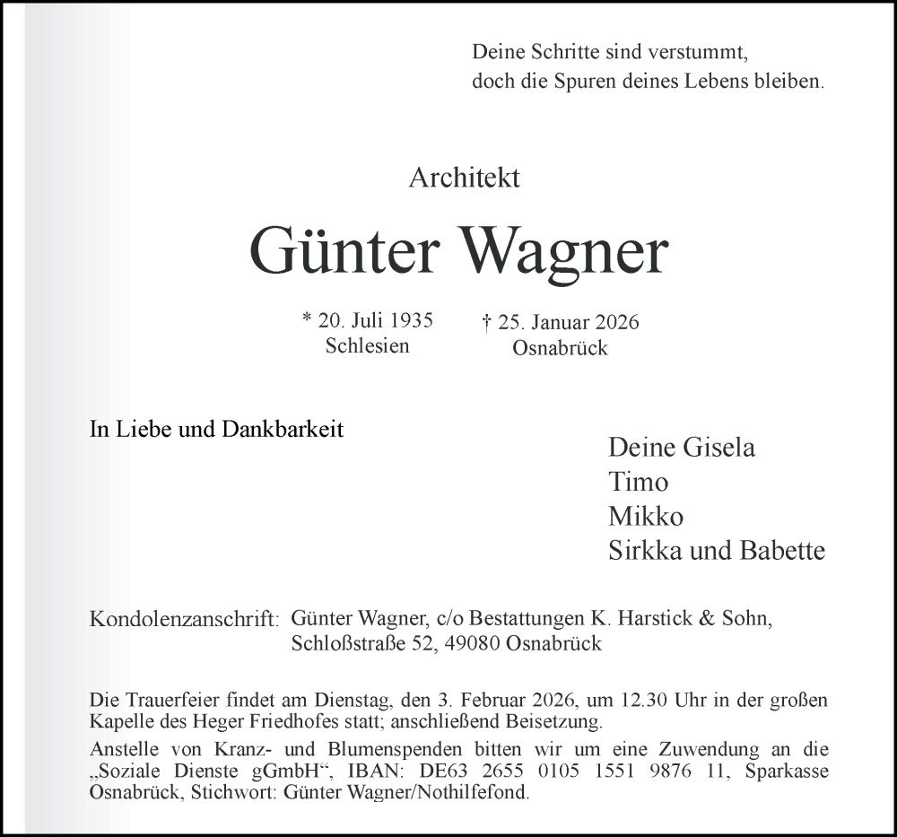  Traueranzeige für Günter Wagner vom 31.01.2026 aus Neue Osnabrücker Zeitung GmbH & Co. KG