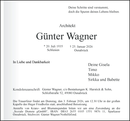 Traueranzeige von Günter Wagner von Neue Osnabrücker Zeitung GmbH & Co. KG
