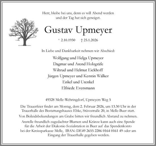 Traueranzeige von Gustav Upmeyer von Neue Osnabrücker Zeitung GmbH & Co. KG