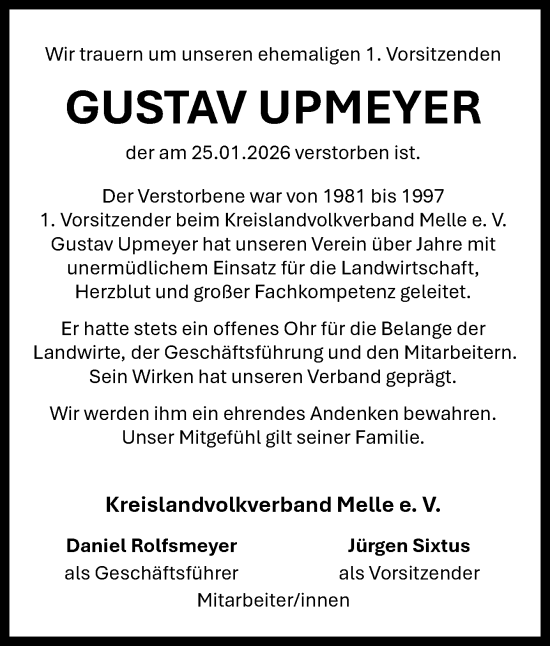 Traueranzeige von Gustav Upmeyer von Neue Osnabrücker Zeitung GmbH & Co. KG