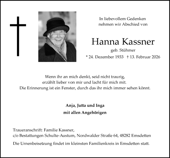 Traueranzeige von Hanna Kassner von Neue Osnabrücker Zeitung GmbH & Co. KG