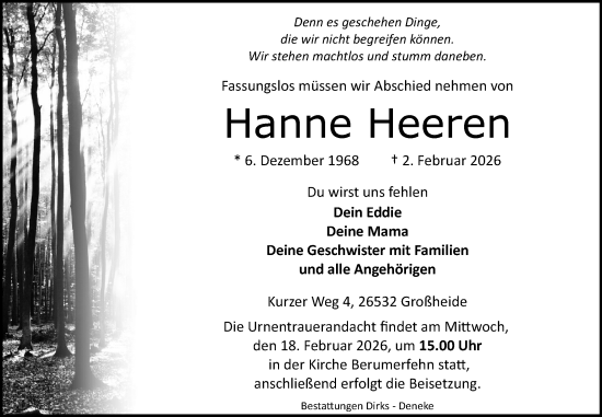 Traueranzeige von Hanne Heeren von Ostfriesischer Kurier / Norderneyer Badezeitung