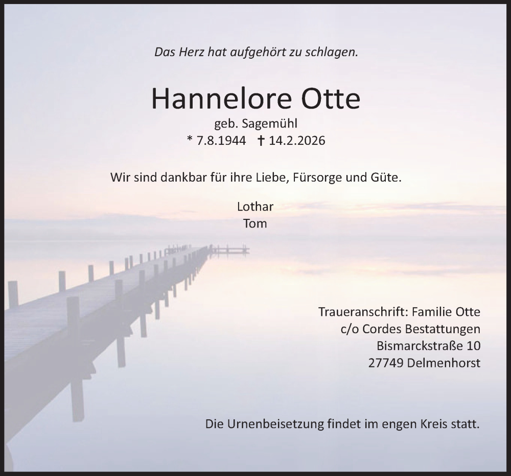  Traueranzeige für Hannelore Otte vom 21.02.2026 aus DK Medien GmbH & Co. KG