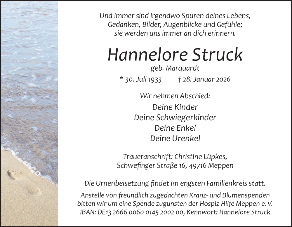  Traueranzeige für Hannelore Struck vom 07.02.2026 aus Neue Osnabrücker Zeitung GmbH & Co. KG