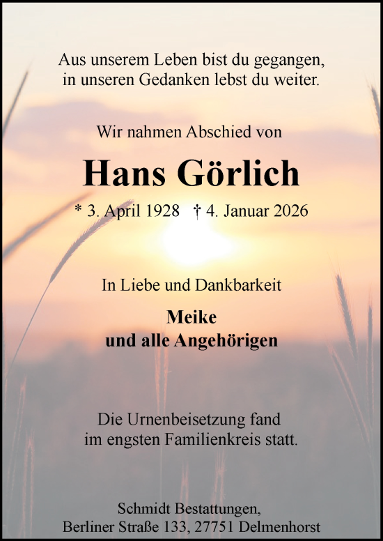 Traueranzeige von Hans Görlich von DK Medien GmbH & Co. KG