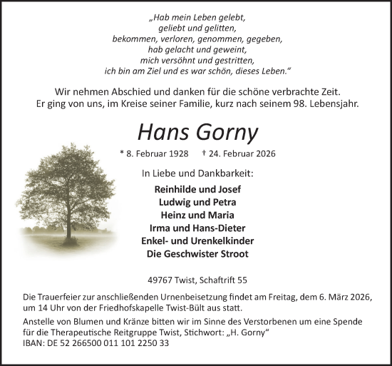 Traueranzeige von Hans Gorny von Neue Osnabrücker Zeitung GmbH & Co. KG