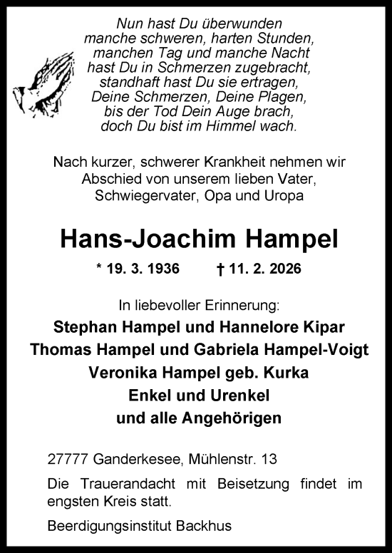 Traueranzeige von Hans-Joachim Hampel von DK Medien GmbH & Co. KG