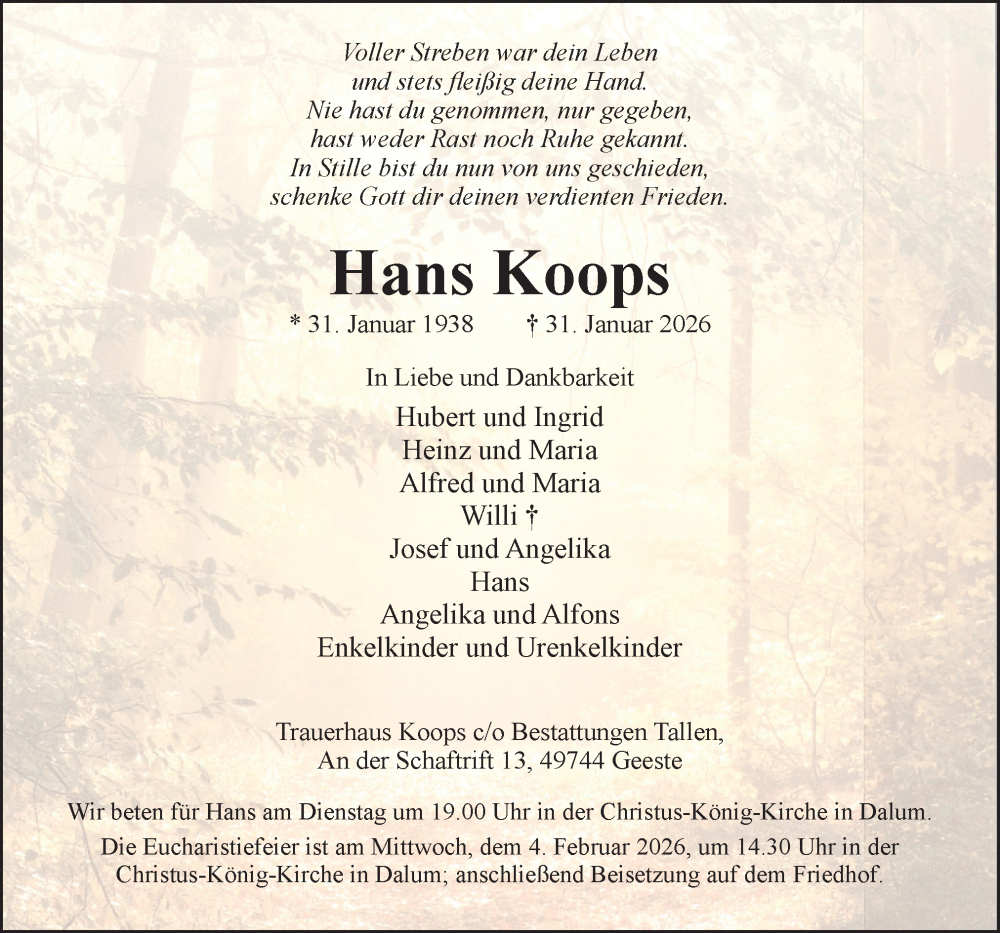  Traueranzeige für Hans Koops vom 02.02.2026 aus Neue Osnabrücker Zeitung GmbH & Co. KG