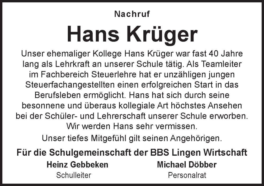  Traueranzeige für Hans Krüger vom 10.02.2026 aus Neue Osnabrücker Zeitung GmbH & Co. KG