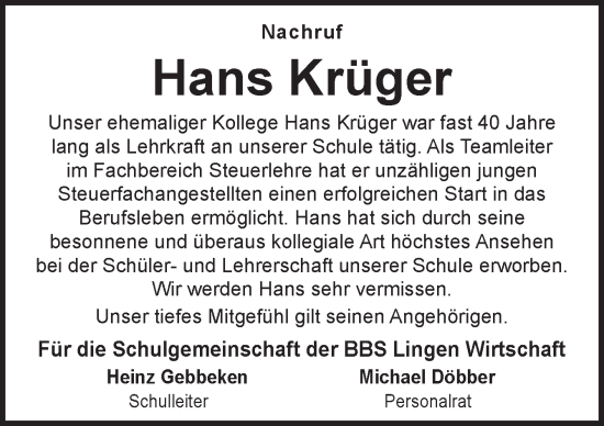 Traueranzeige von Hans Krüger von Neue Osnabrücker Zeitung GmbH & Co. KG