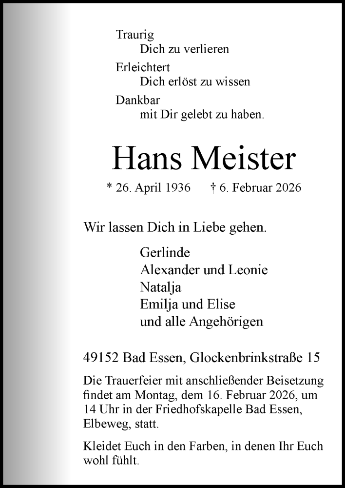  Traueranzeige für Hans Meister vom 11.02.2026 aus Neue Osnabrücker Zeitung GmbH & Co. KG