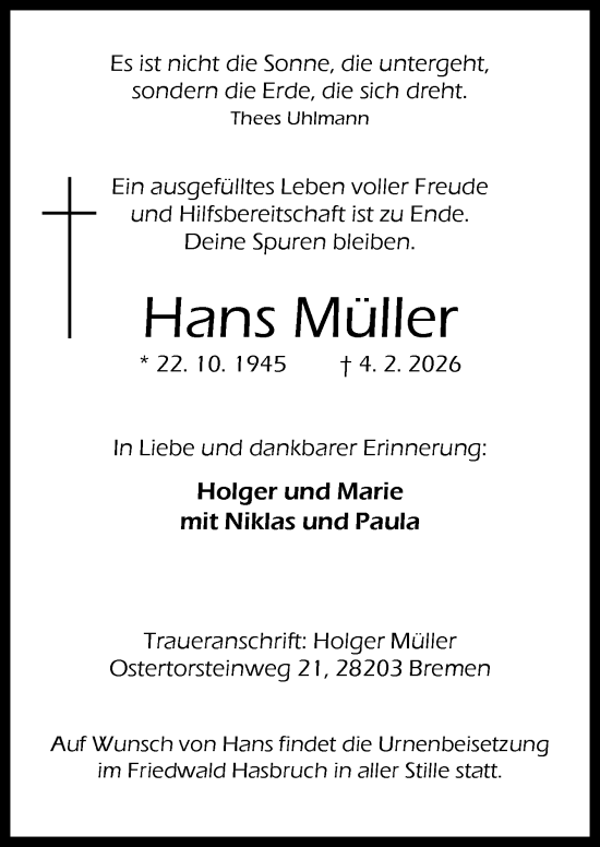 Traueranzeige von Hans Müller von Neue Osnabrücker Zeitung GmbH & Co. KG