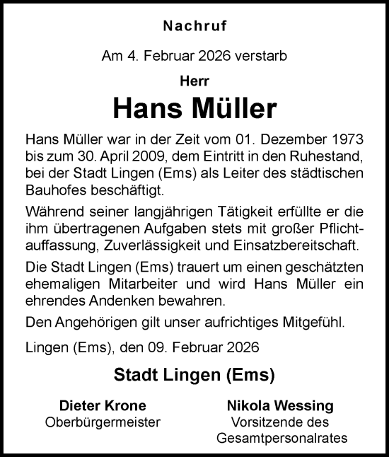 Traueranzeige von Hans Müller von Neue Osnabrücker Zeitung GmbH & Co. KG
