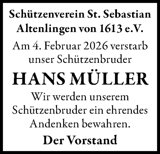 Traueranzeige von Hans Müller von Neue Osnabrücker Zeitung GmbH & Co. KG