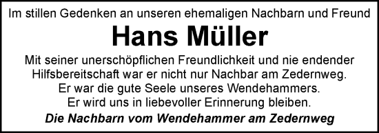 Traueranzeige von Hans Müller von Neue Osnabrücker Zeitung GmbH & Co. KG