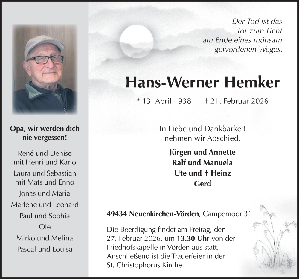  Traueranzeige für Hans-Werner Hemker vom 24.02.2026 aus Neue Osnabrücker Zeitung GmbH & Co. KG
