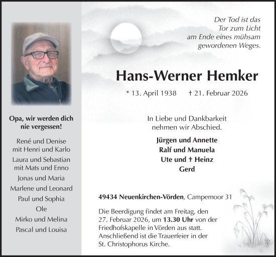 Traueranzeige von Hans-Werner Hemker von Neue Osnabrücker Zeitung GmbH &amp; Co. KG