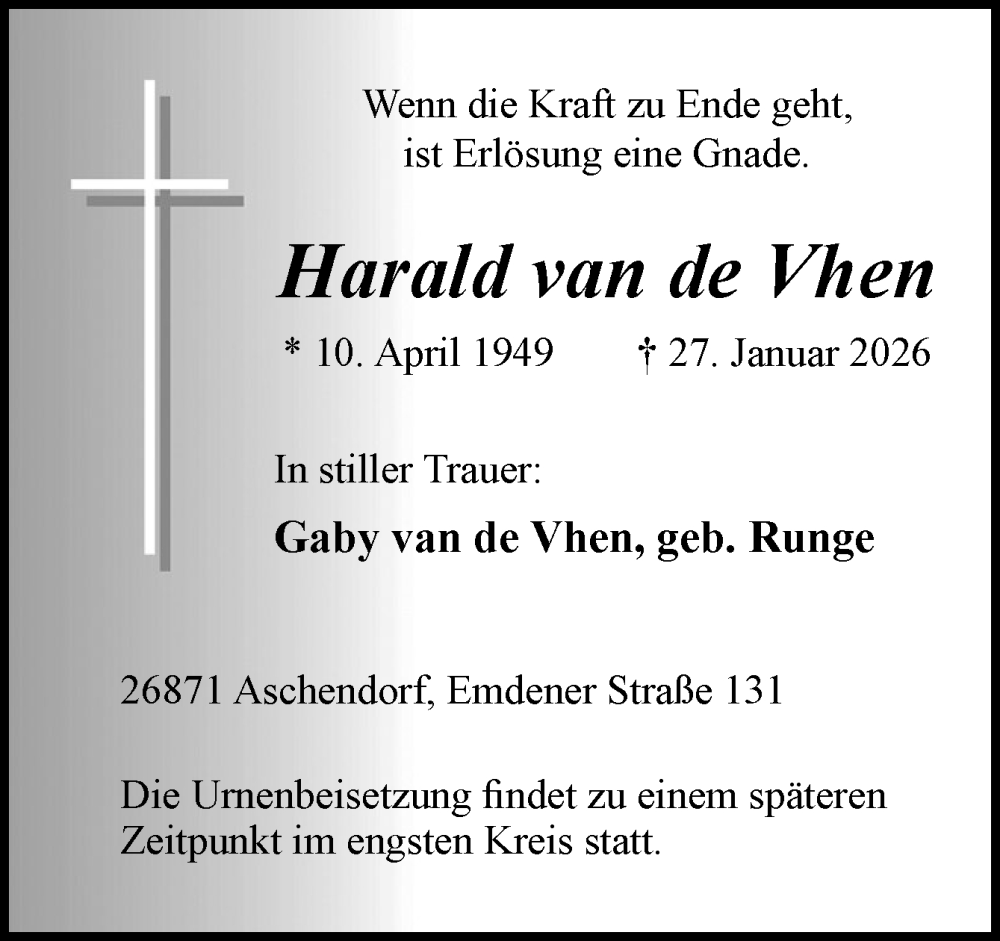  Traueranzeige für Harald van de Vhen vom 04.02.2026 aus Neue Osnabrücker Zeitung GmbH & Co. KG