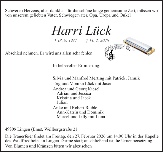 Traueranzeige von Harri Lück von Neue Osnabrücker Zeitung GmbH & Co. KG