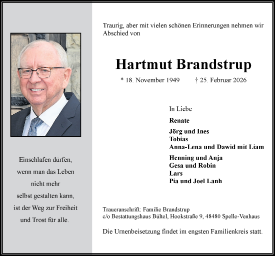 Traueranzeige von Hartmut Brandstrup von Neue Osnabrücker Zeitung GmbH & Co. KG