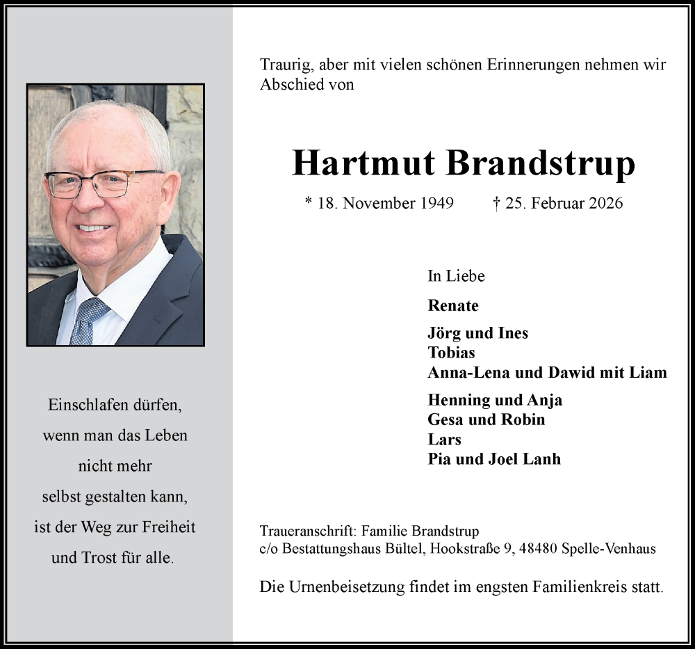  Traueranzeige für Hartmut Brandstrup vom 28.02.2026 aus Neue Osnabrücker Zeitung GmbH & Co. KG