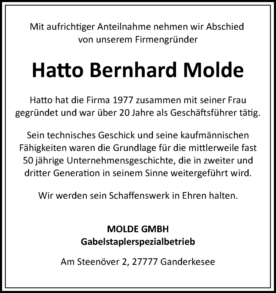  Traueranzeige für Hatto Bernhard Molde vom 28.02.2026 aus DK Medien GmbH & Co. KG