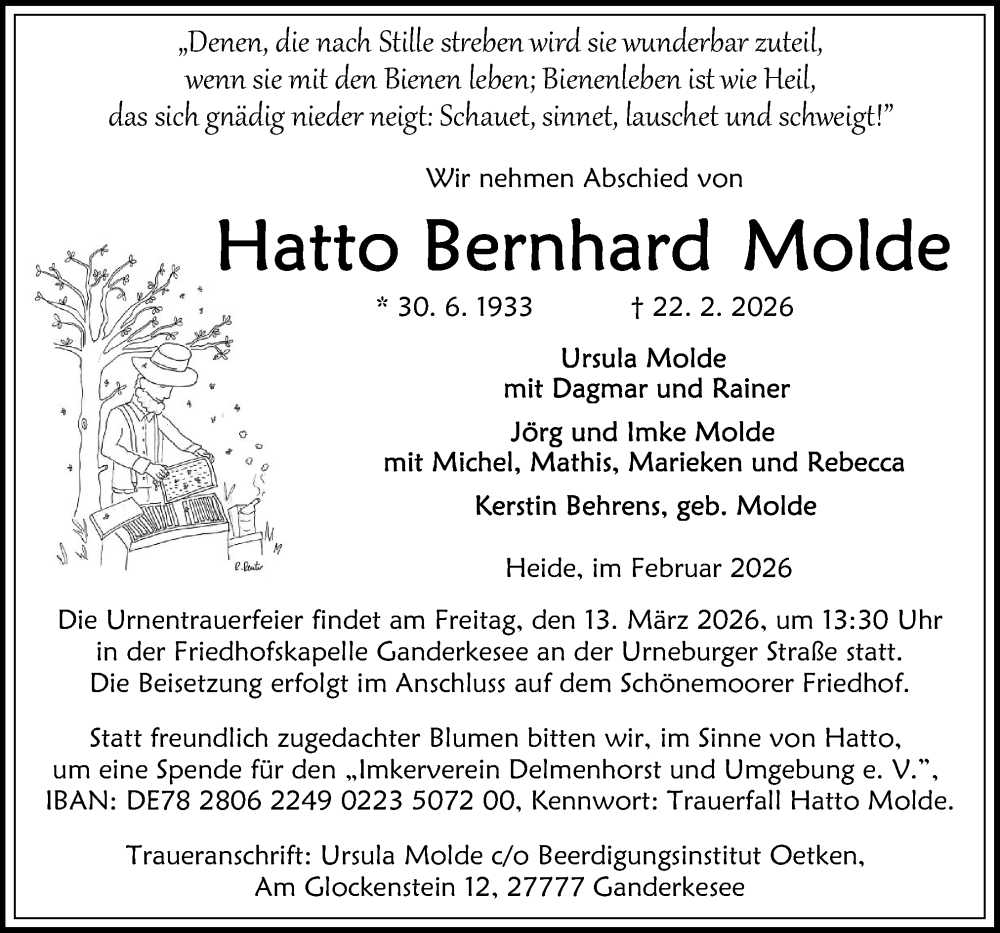  Traueranzeige für Hatto Bernhard Molde vom 28.02.2026 aus DK Medien GmbH & Co. KG