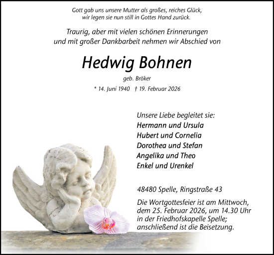 Traueranzeige von Hedwig Bohnen von Neue Osnabrücker Zeitung GmbH & Co. KG