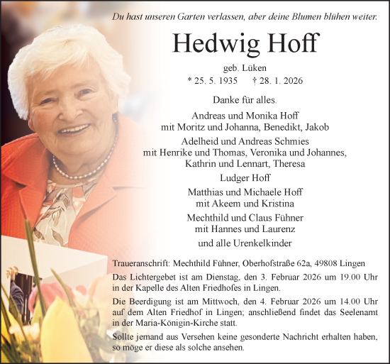 Traueranzeige von Hedwig Hoff von Neue Osnabrücker Zeitung GmbH & Co. KG